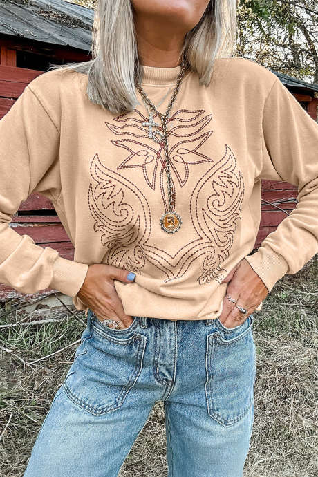 Lys fransk beige vestlig broderi rund hals genser med lange ermer