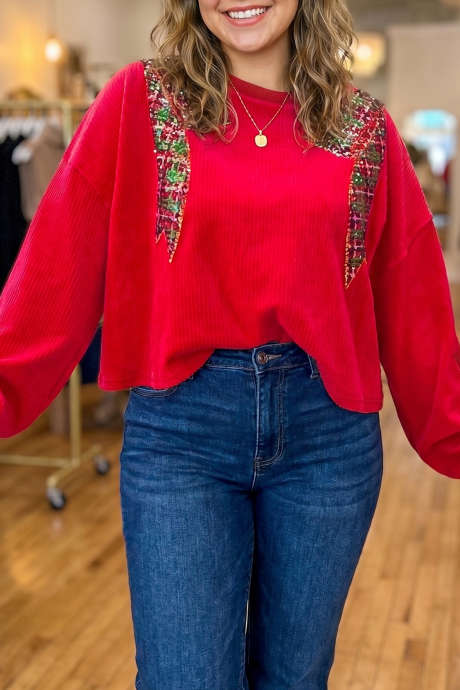 Blus Ukuran Besar Lengan Panjang Kerah Bulat Warna Merah Menyala dengan Detail Payet
