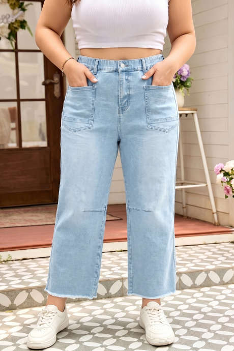 Beau Blue Plus Size Jeans mit Nahtdetails, aufgesetzten Taschen und Raw Cut