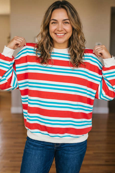 Rot gestreiftes, farblich abgesetztes Langarm-Tunika-Sweatshirt mit Rundhalsausschnitt in Übergröße
