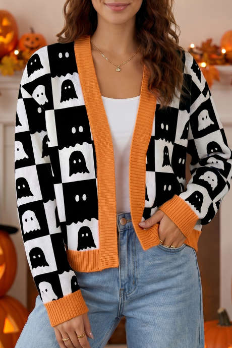 Cardigan en maille à imprimé géométrique noir fantôme et épaules tombantes
