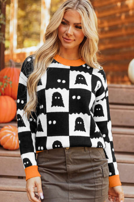 Sweater Hitam Kerah Tinggi Bahu Jatuh Motif Geometris