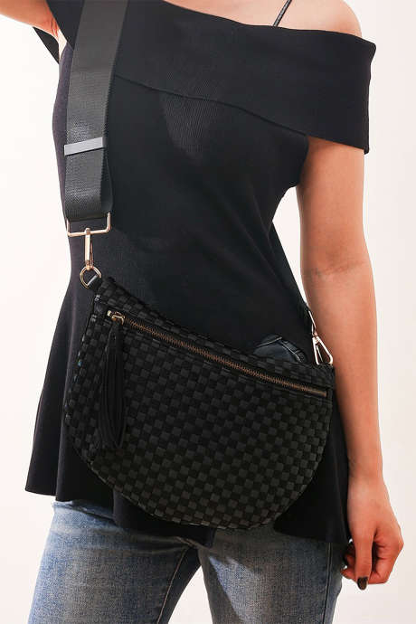 Color black Checkered Woven PU Leather Crossbody Bag Adjustable Strap Large Size BH031625-P202