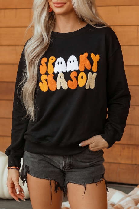 Sweatshirt lengan panjang leher bulat motif Halloween bordir warna hitam