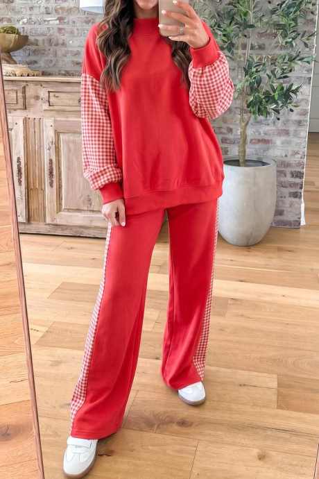 Conjunto de top de manga larga y pantalón de pierna ancha a cuadros rojo intenso LC6210162-P3