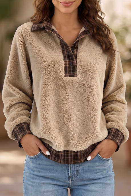 Sweatshirt Pullover Fleece dengan Kerah Kotak-kotak Warna Krem Muda Prancis dan Kancing Depan