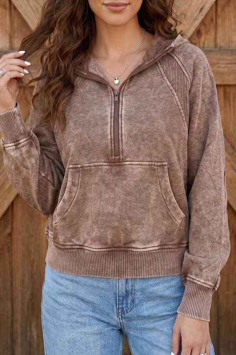 Sudadera de manga larga con media cremallera y puños acanalados, estilo vintage, color castaño.