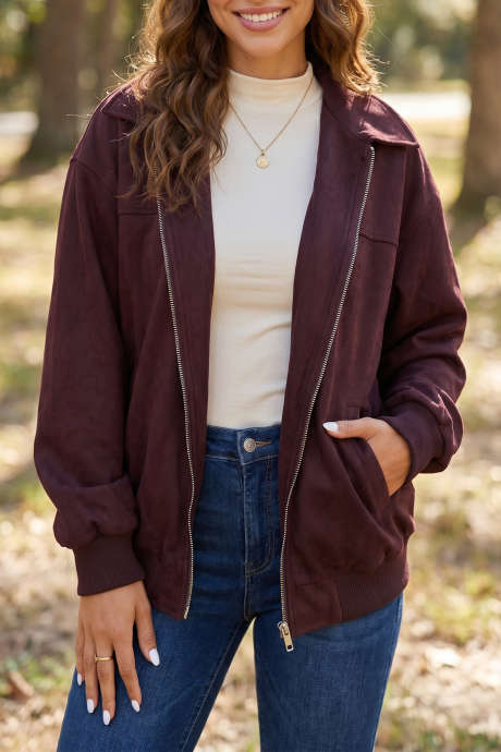 Jaket Lengan Panjang Warna Kopi Chicory Polos dengan Resleting dan Plaket Logam