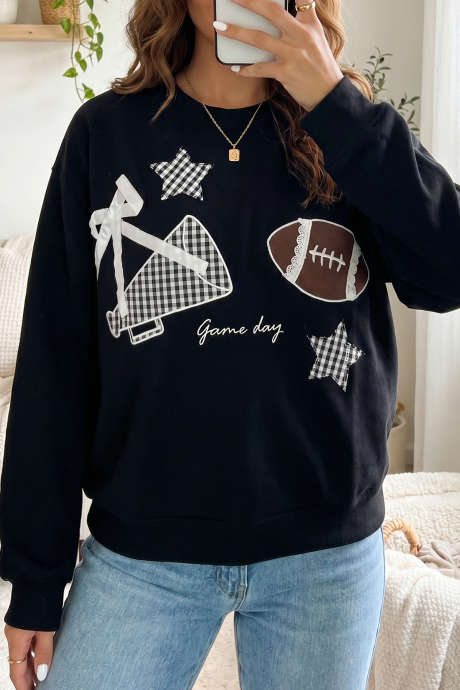 Black Gingham Patch Embroidered Rugby Game Day Stars Sweatshirt