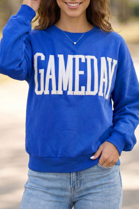 Sky Blue GAMEDAY Embroidered Patch Pattern Casual Shift Sweatshirt