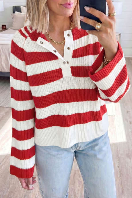 Sweater Shift Lengan Panjang Leher V Berjalur Jalur Merah LC2728385-P319