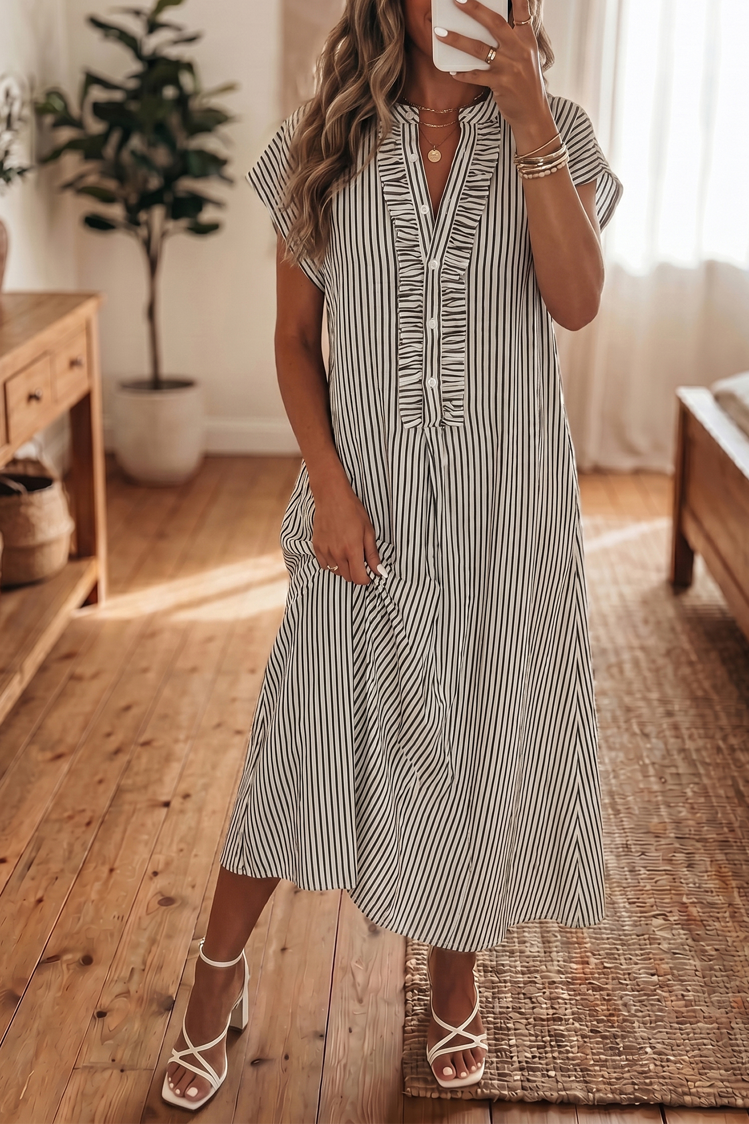 $12.71 Black Stripe Frilled Detail Half Buttons Short Sleeve Long