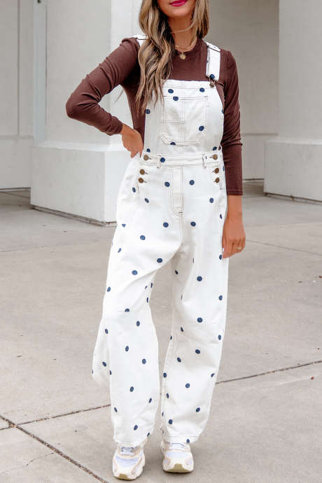 Jet Stream Polkadot Print Bib Pocket Denim Barrel Overalls Jumpsuit