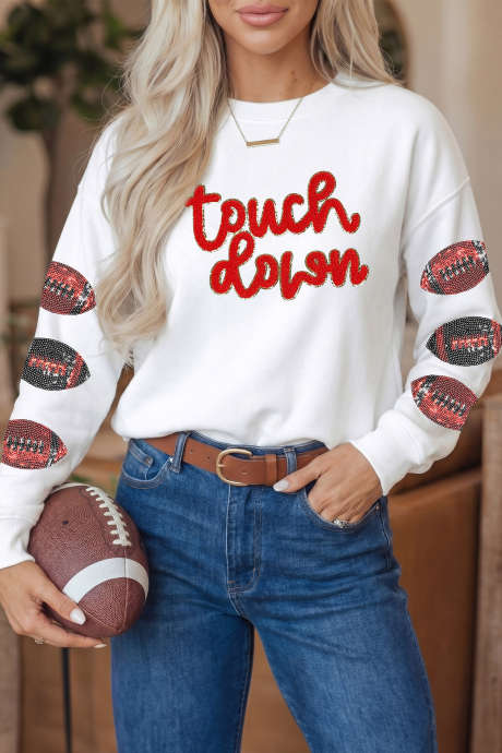 T-shirt de rugby à manches longues à sequins blancs «&nbsp;Touch Down&nbsp;» pour les jours de match LC25232437-P1
