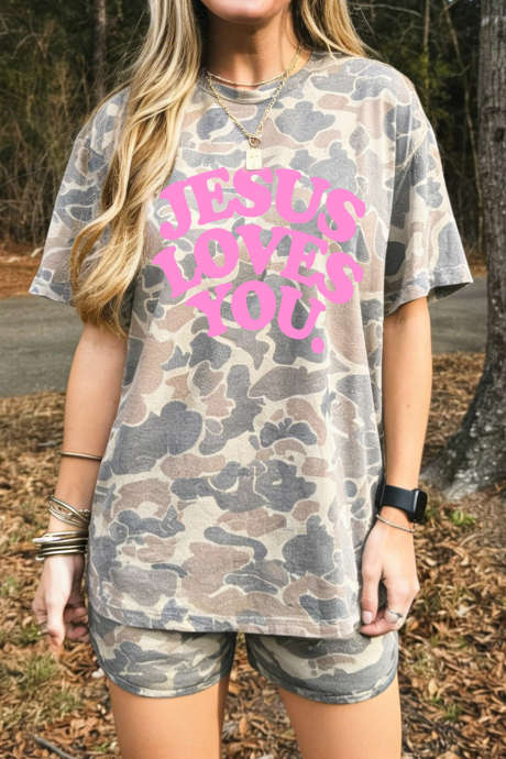 Bộ đồ hai mảnh in họa tiết rằn ri nhiều màu sắc "JESUS ​​LOVES YOU" LC6210198-P22