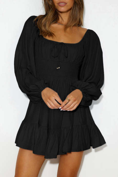 Robe courte noire unie à manches longues, froncée et à volants avec cordon de serrage LC6116711-2