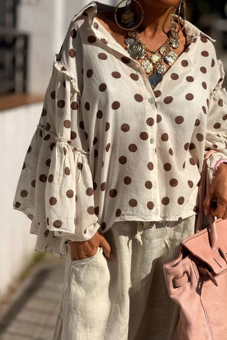 Beige Polka Dot Print Ruffled Bell Sleeve Button Up Shirt