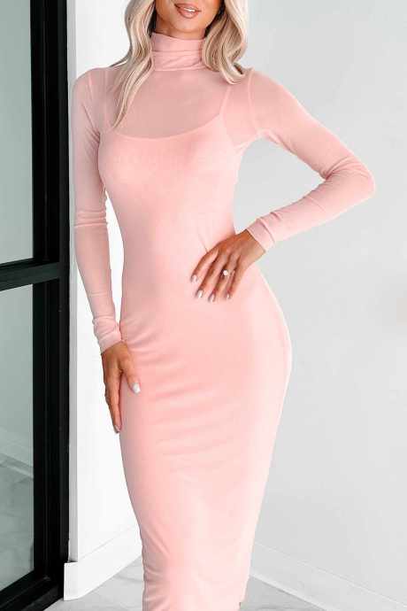 Vestido midi elegante de manga larga con paneles de malla en color rosa vaporoso
