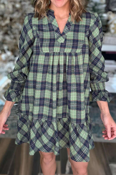 Green Plaid Short Shift Long Sleeve Dress