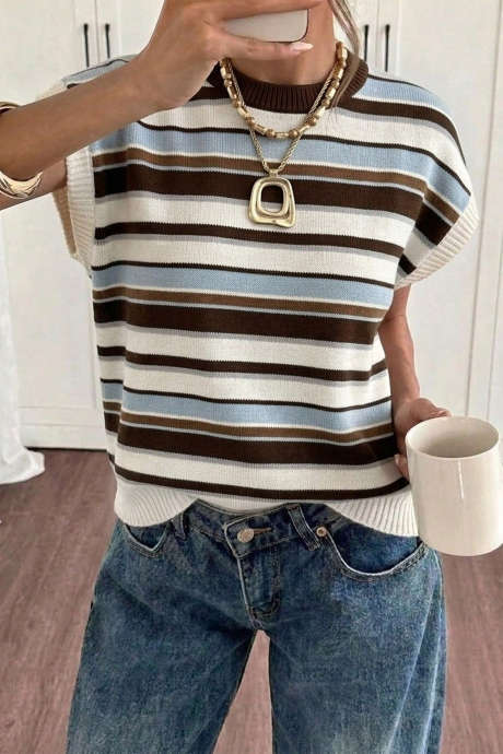 Multicolour Vintage Striped Round Neck Short Sleeve Sweater