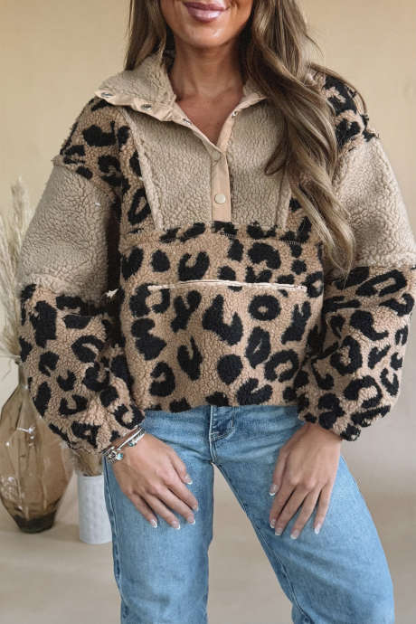 Moletom Sherpa com estampa de leopardo cinza-fumaça e meio zíper