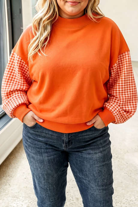 Russet Orange Patchwork Plaid Loose Fit Langarm-Sweatshirt in Übergröße