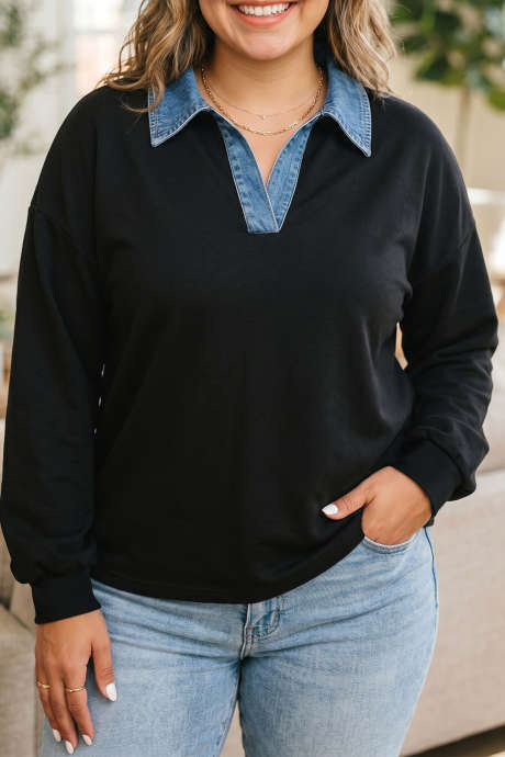 Črna enobarvna tunika z V-izrezom in dolgimi rokavi, plus size