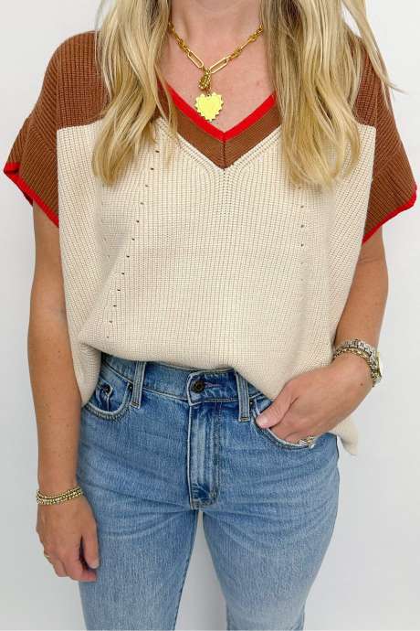 Brown Color Block Knit V Neck Short Sleeve Loose Sweater Top