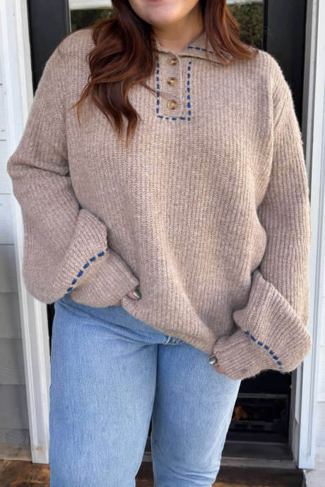 Smoke Gray Cozy Ribbed Knit Contrast Stitch Detailing Winter Plus Size Sweater