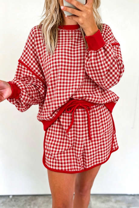 Set Atasan dan Rok Lengan Panjang Kerah Bulat dengan Trim Ribbed Ukuran Besar Motif Kotak-kotak Merah