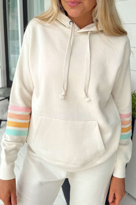 Apricot Striped Sleeve Drawstring Hooded Pullover Sweatshirt