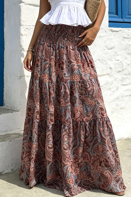 Mørkebrunt Boho Vintage Paisley-trykk Langt Skjørt med Lagdeler LC7211912-P5017