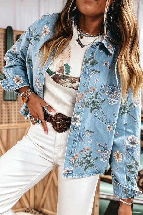 Sky Blue Floral Print Shift Silhouette Tunic Length Long Sleeve Denim Jacket