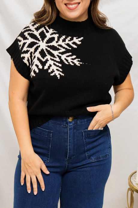 Black Snowflake Knit Tunic Top Short Sleeve Plus Size T-Shirt