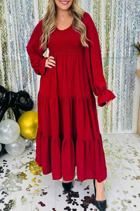 Racing Red Smocked Tiered Long Sleeve Round Neck Dress