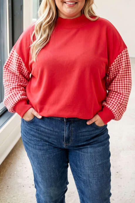 Ognjeno rdeča pulover s karo vzorcem, ohlapna, z dolgimi rokavi, plus size