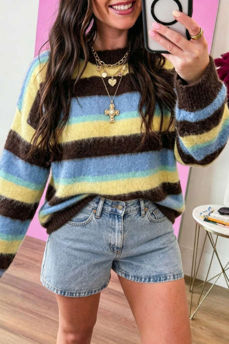 Pull décontracté à col rond en maille duveteuse multicolore