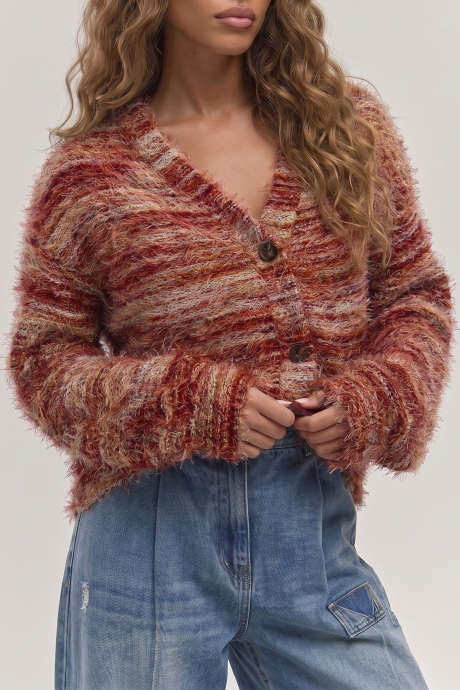 Cardigan Sweater Kancing Depan Bergaris Berbulu Cokelat Muda