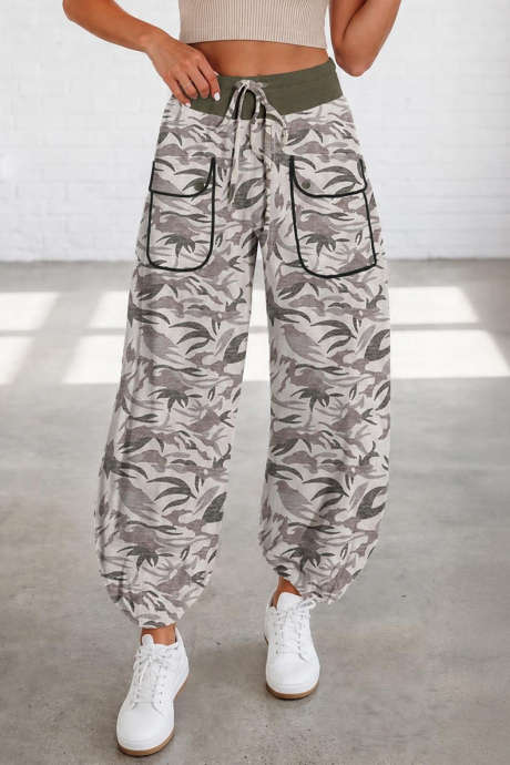 Khaki Drawstring Contrast Waistband Camouflage Joggers Pants LC7714549-P1622