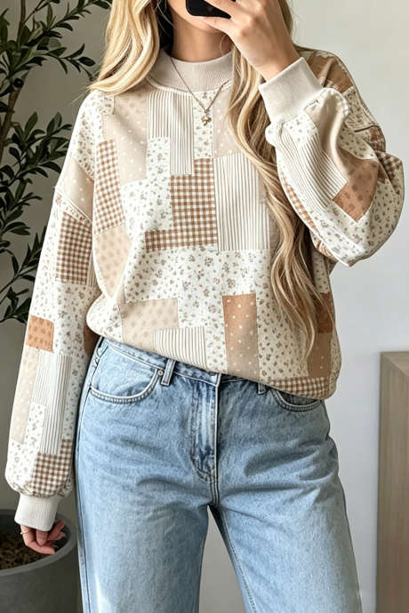 Sweat-shirt à manches longues et col montant imprimé floral patchwork kaki