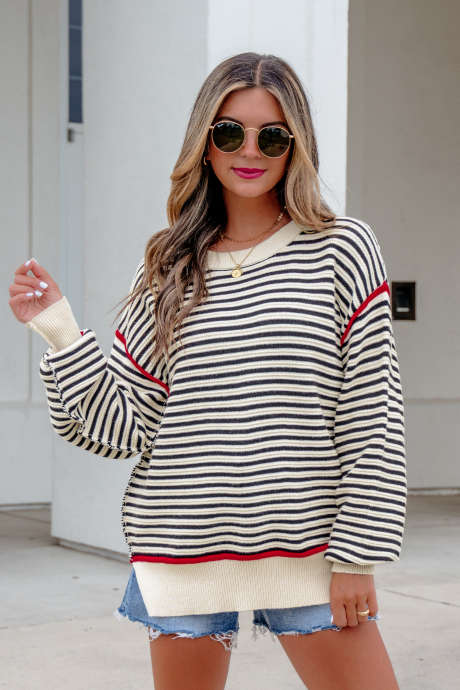 Itim na Guhit na Ribbed Trim Drop Shoulder na Malaking Sweater