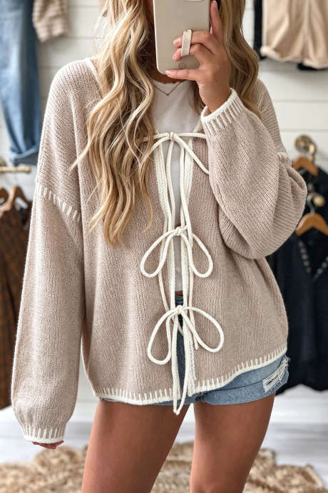 Áo khoác cardigan dệt kim dáng rộng, vai rớt, buộc dây phía trước Jet Stream