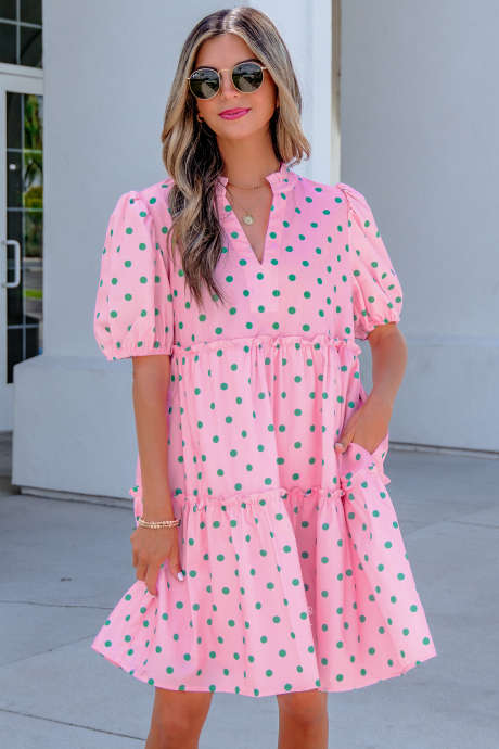 Pink Polka Dot Print V Neck Short Sleeve Tiered Mini Dress LC6128870-P1020