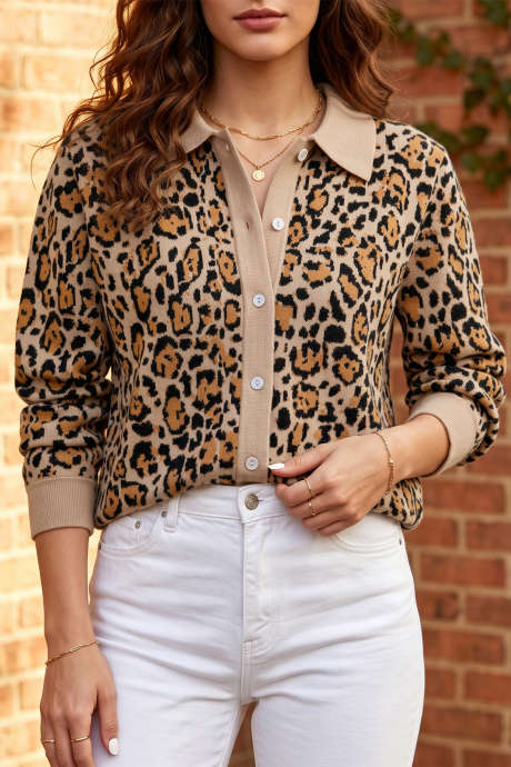 Cardigan Lengan Panjang Motif Leopard Cokelat dengan Kancing Depan