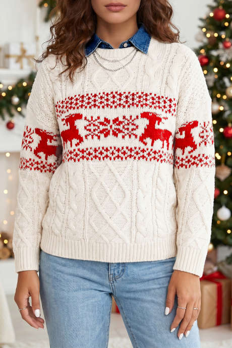 Sweater Rajut Motif Rusa Putih dengan Bahu Jatuh