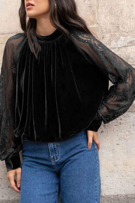 Blus Beludru Lengan Panjang Berenda Transparan Warna Hitam Polos dengan Motif Patchwork dan Kerah Tegak