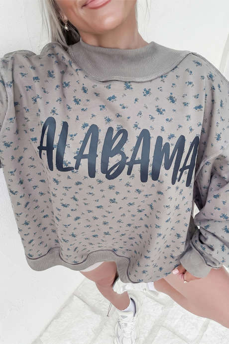 Gray ALABAMA Floral Print High Neck Game Day Loose Sweatshirt