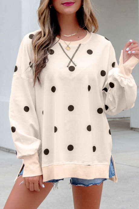 Beigefarbener Pullover mit Polka-Dots, locker geschnitten, langärmelig, mit Schlitz am Saum