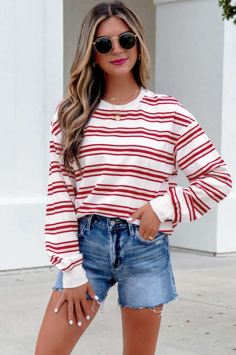 Red Stripe Dropped Shoulder Long Sleeve Casual Pullover Top LC25137973-P319