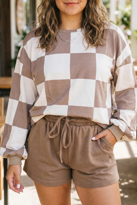 Σετ δύο τεμαχίων Plus Size με χακί καρό patchwork και στρογγυλή λαιμόκοψη σε χρώμα μπλε